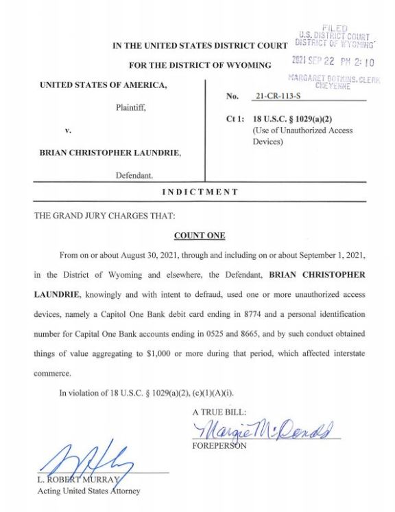 Indictment against Brian Laundrie in U.S. District Court, released on Sept. 23, 2021.