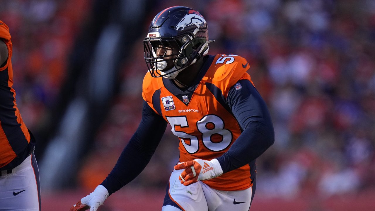 Denver Broncos outside linebacker Von Miller (58) against the Baltimore Ravens during the second half of an NFL football game, Sunday, Oct. 3, 2021, in Denver.