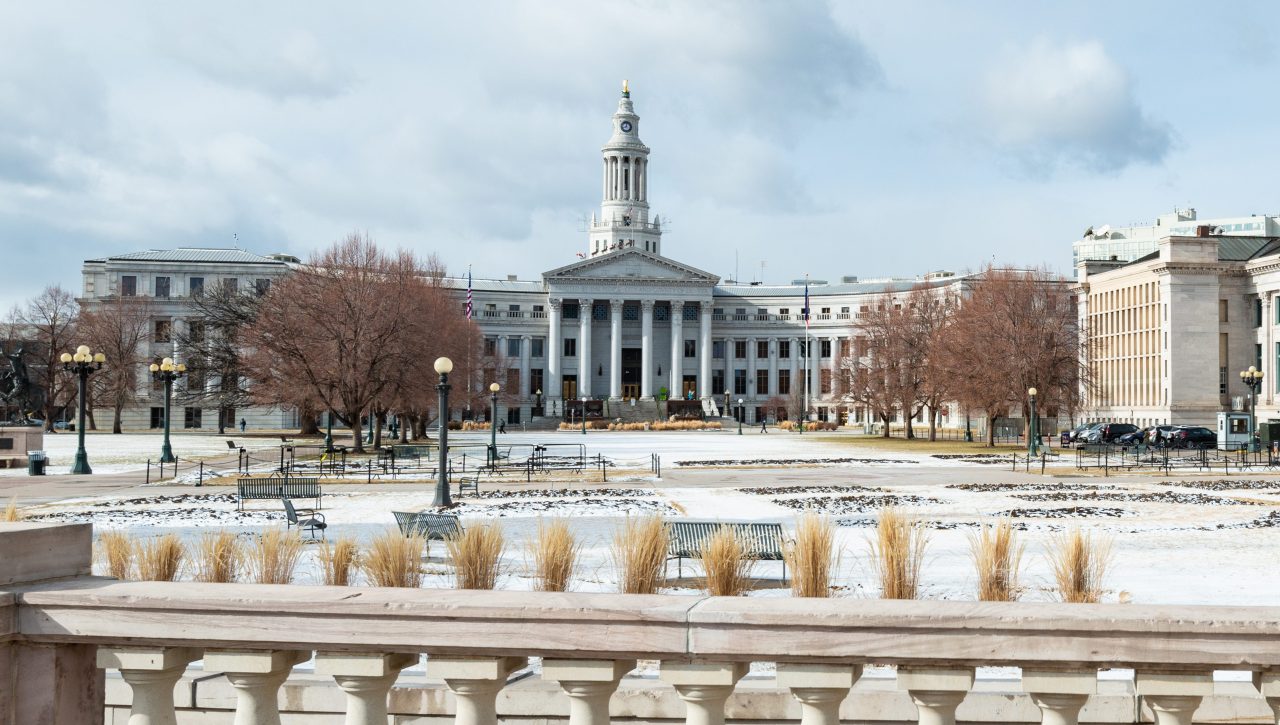 Civic Center Park in Denver is seen with a light covering of snow.