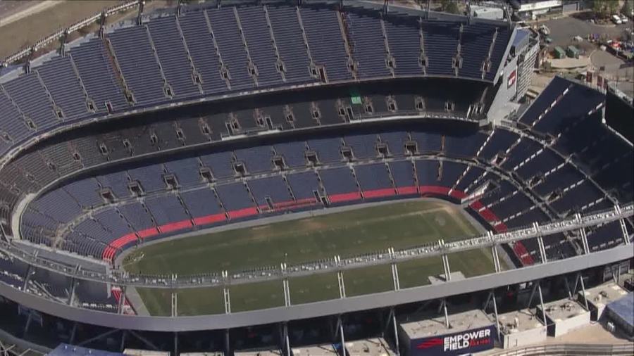 Damage is seen from a fire at Empower Field at Mile High