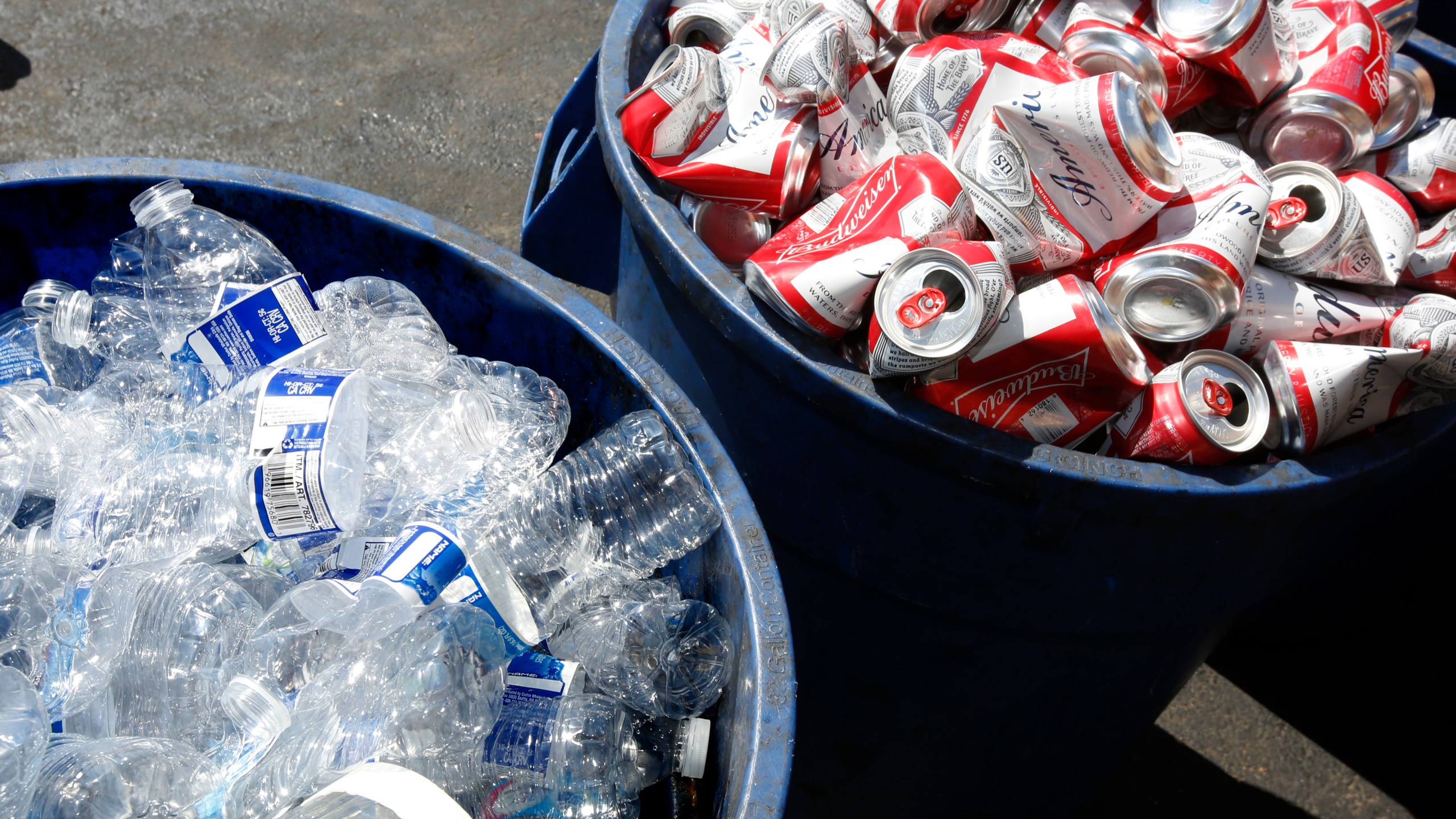 Cans and plastic bottles brought in for recycling fill containers