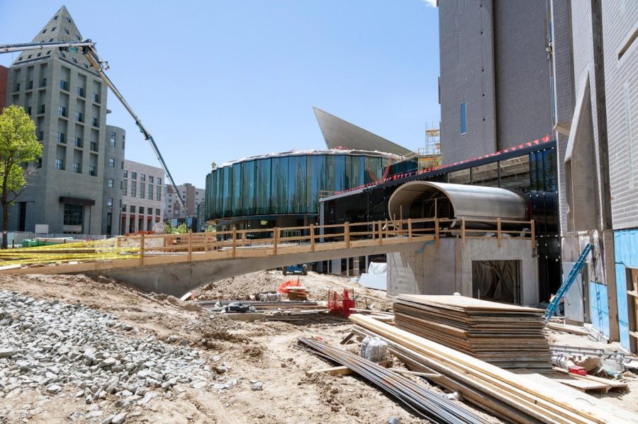 Construction of the school and youth group drop-off and tube entrance at the Denver Art Museum in May 2019.