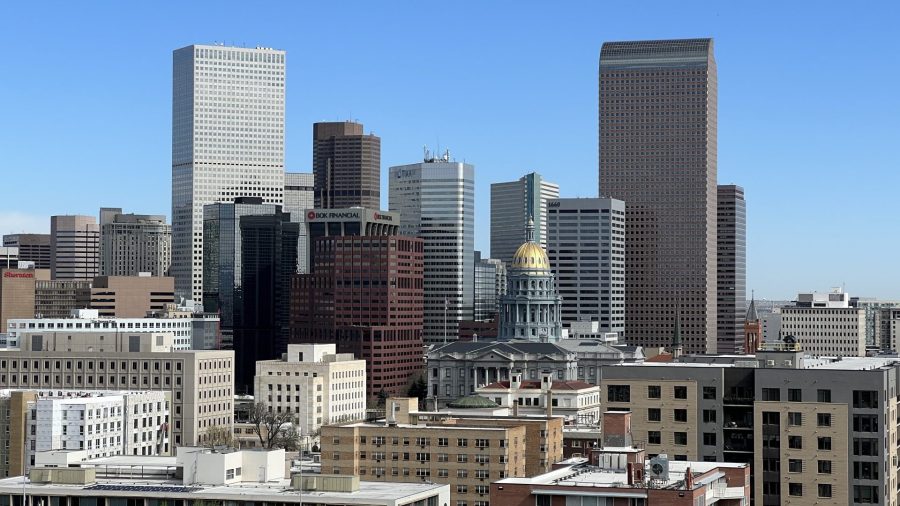 A view of the Denver skyline on the morning of May 7, 2022.