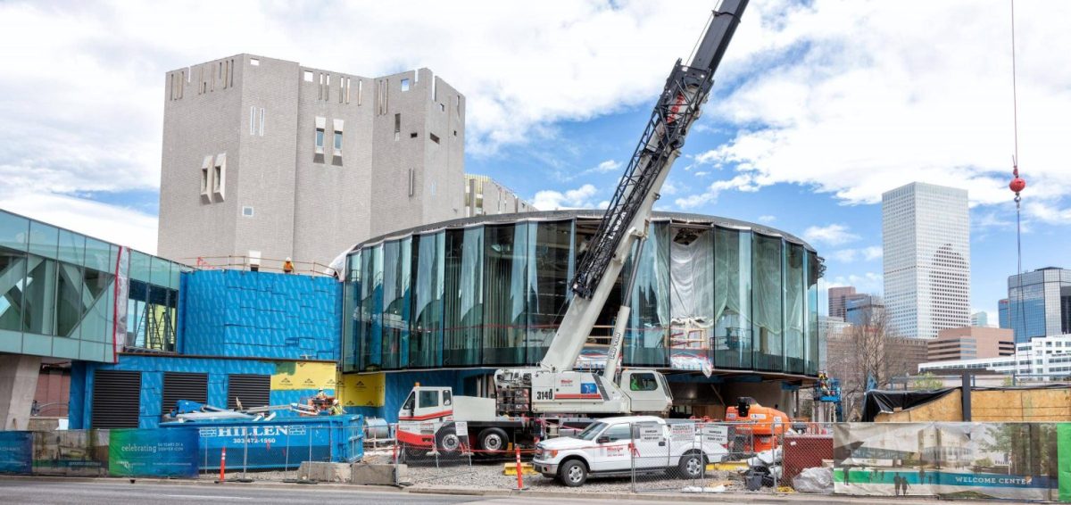 The Sie Welcome Center and Martin Building under construction at the Denver Art Museum in April 2019.