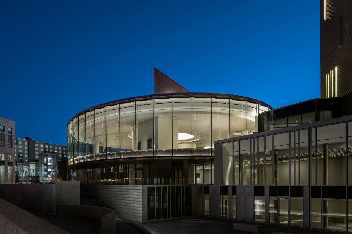 The Denver Art Museum's Sie Welcome Center at night.