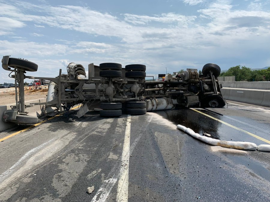 Overturned cement truck shuts down westbound I-70 in Wheat Ridge