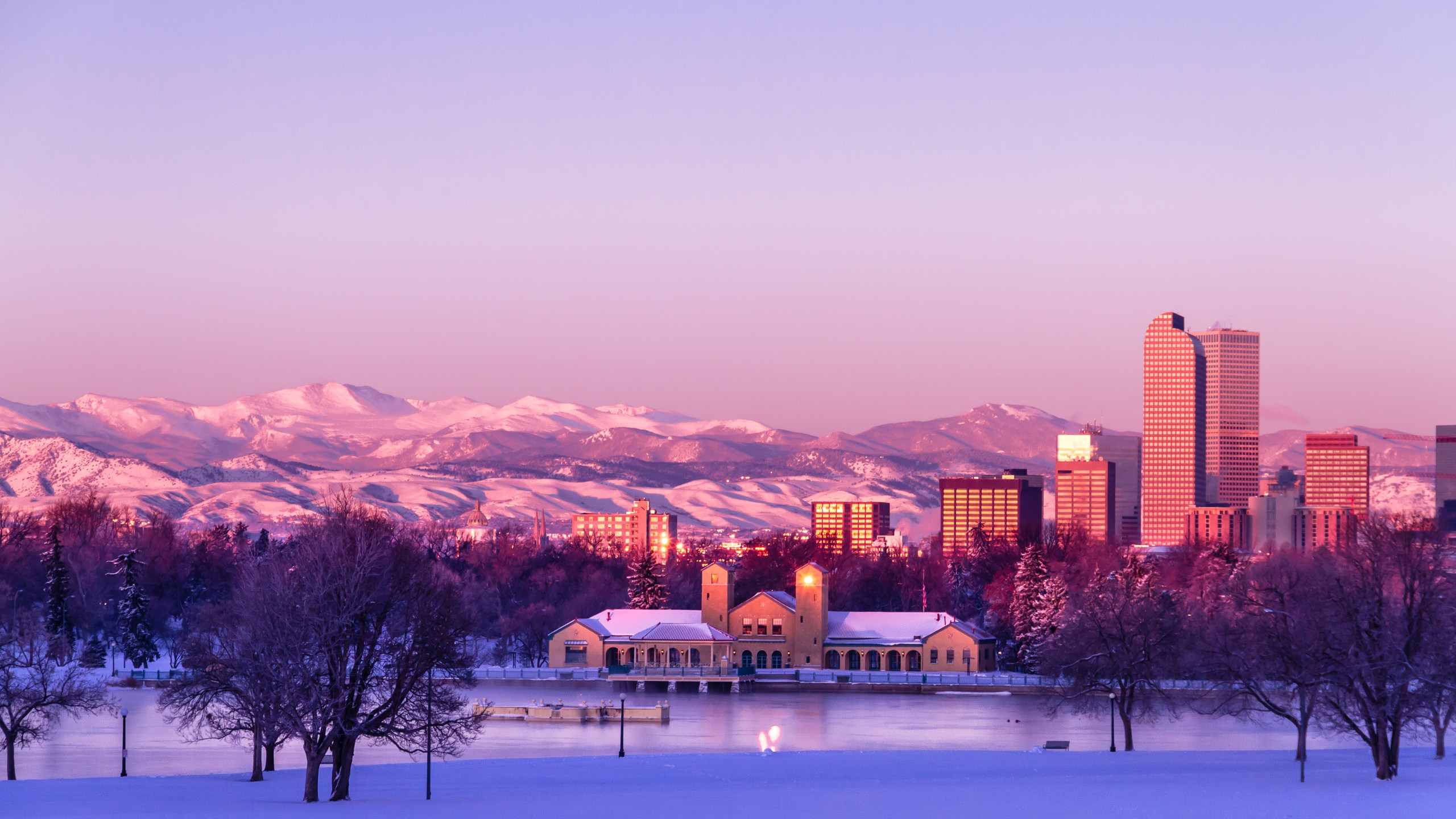 Denver skyline at sunrise after snow