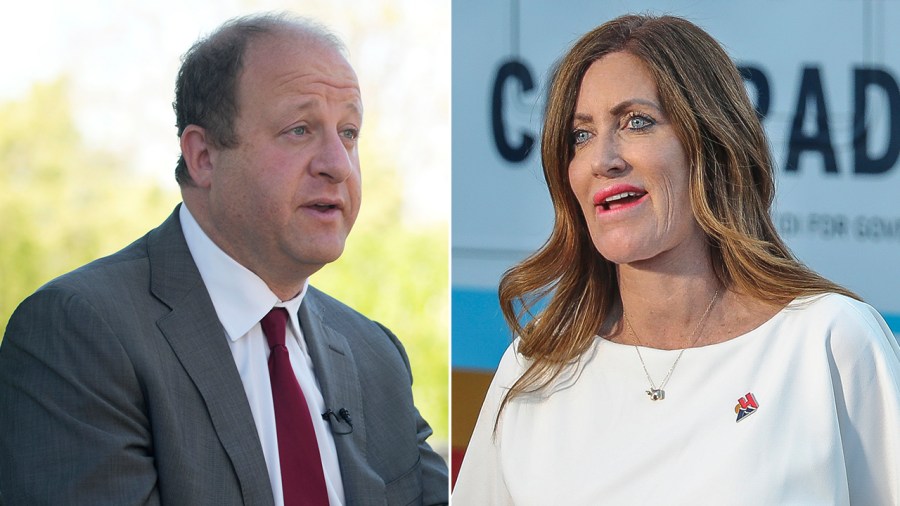 A combination photo showing Colorado Gov. Jared Polis (D) and the Republican candidate for governor in the 2022 election, Heidi Ganahl.