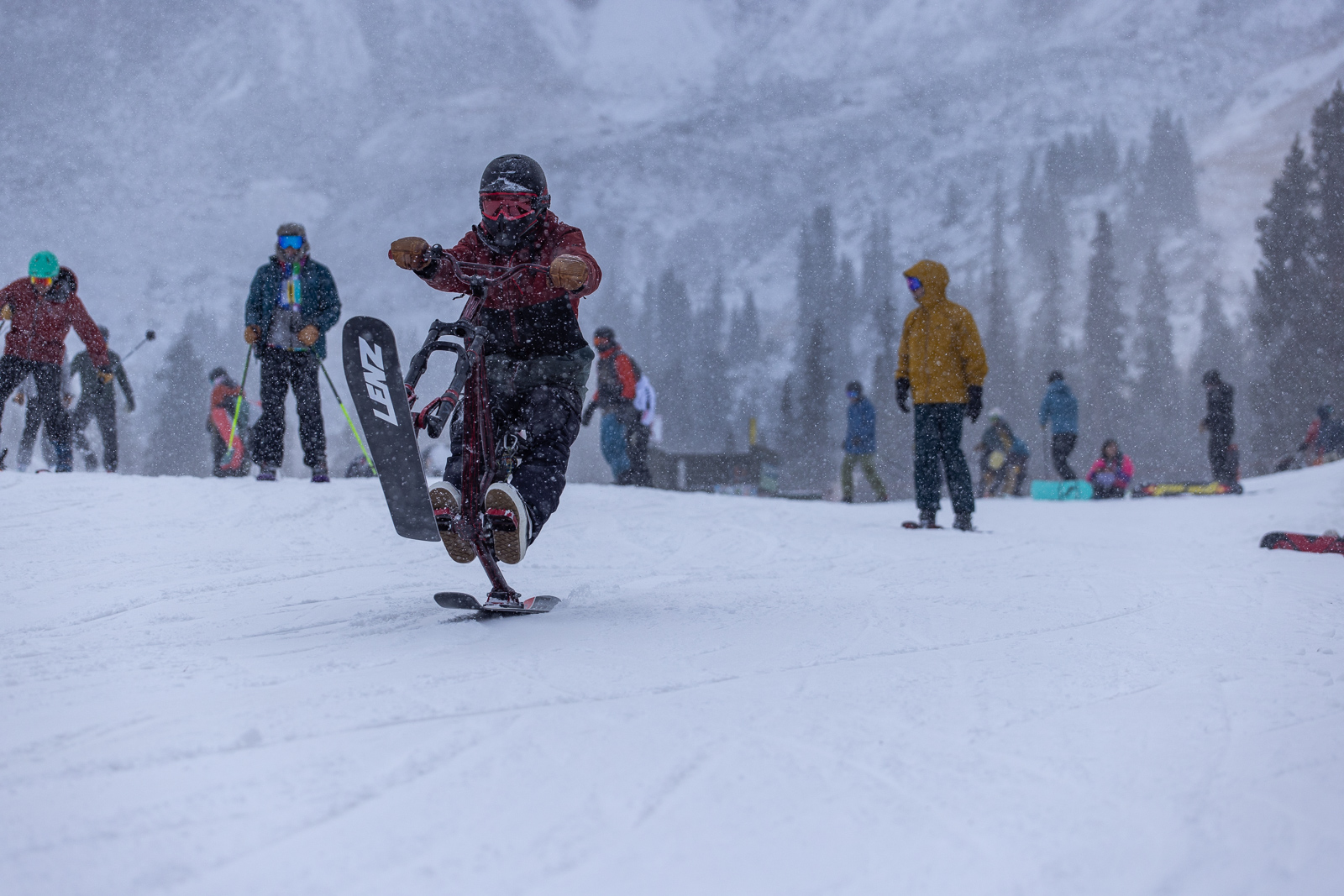 Snowbiker at Arapahoe Basin on opening day