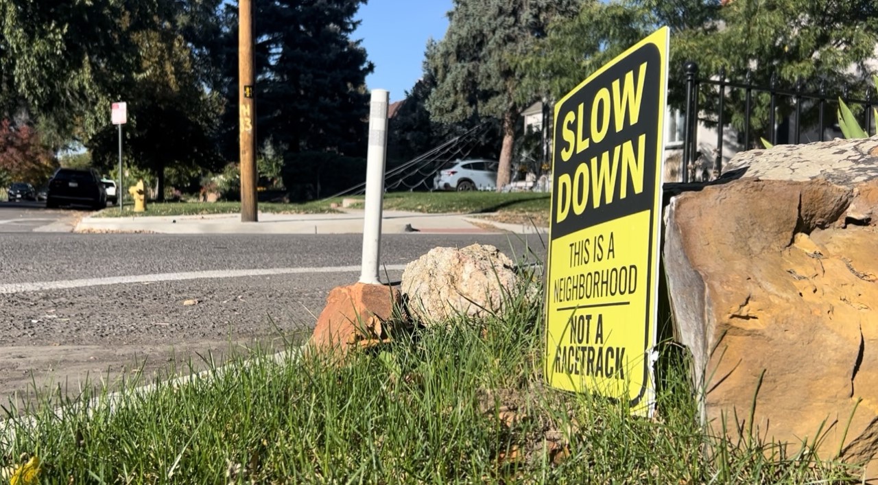 Roadside sign says "SLOW DOWN"