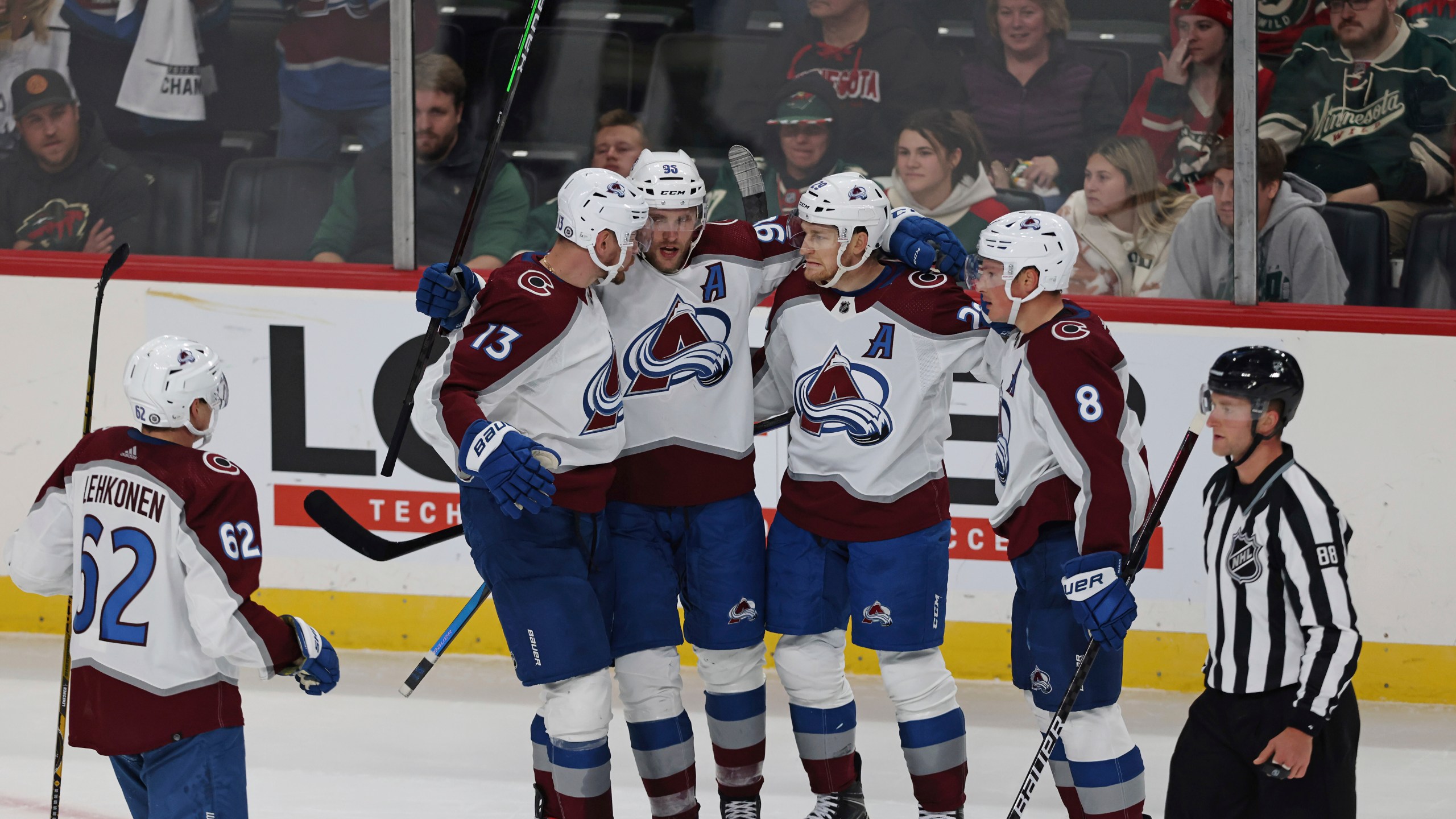 Valeri Nichushkin (13) celebrates with teammates