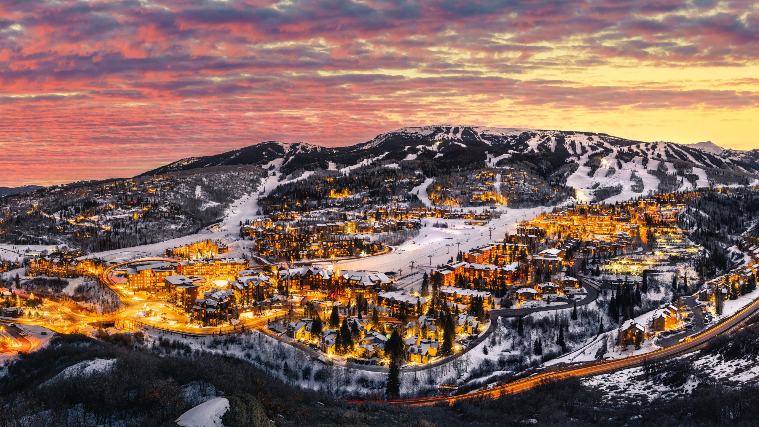 Snowmass Colorado skyline with ski slopes and sunset