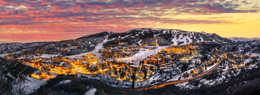 Snowmass Colorado skyline with ski slopes and sunset