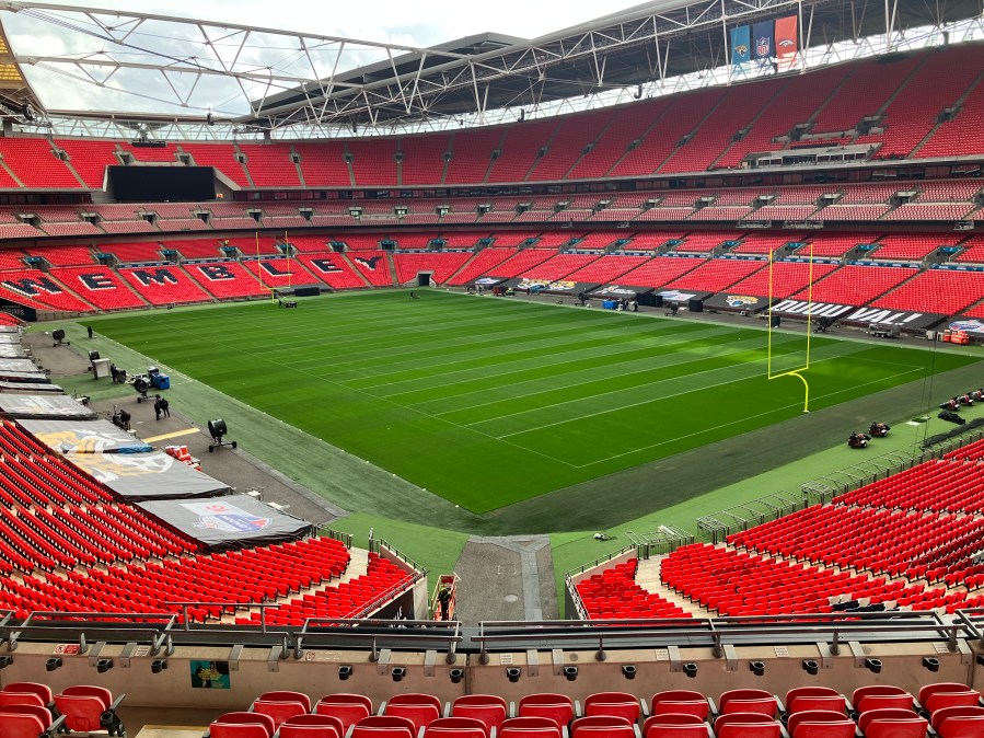 Wide shot of Wembley Stadium prepped for Broncos vs. Jaguars