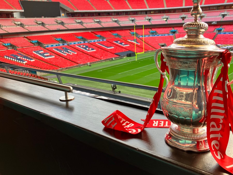 Trip to Wembley, shot of legendary FA Cup overlooking the hollowed grounds