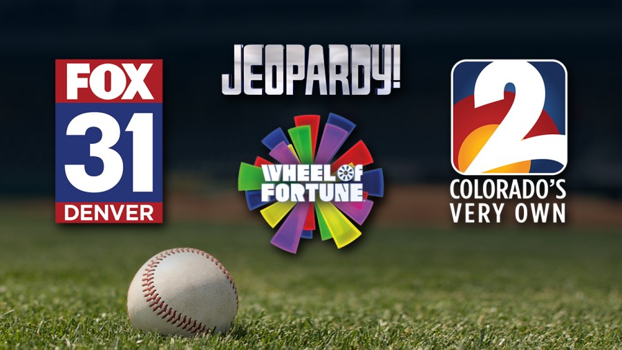 Logos for FOX31, Jeopardy!, Wheel of Fortune, and Channel 2 over an image of a baseball on a field.