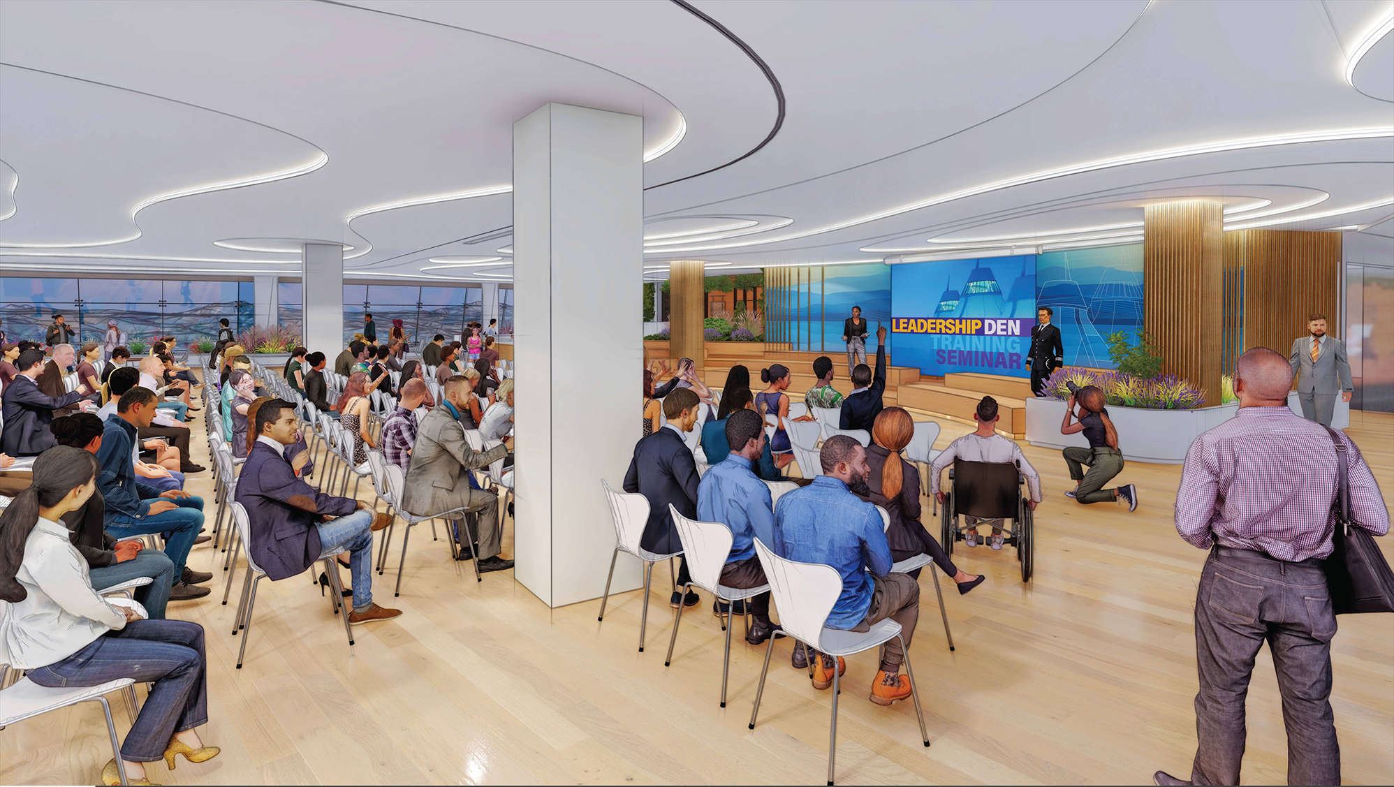 Conceptual rendering of a meeting room with rows of chairs