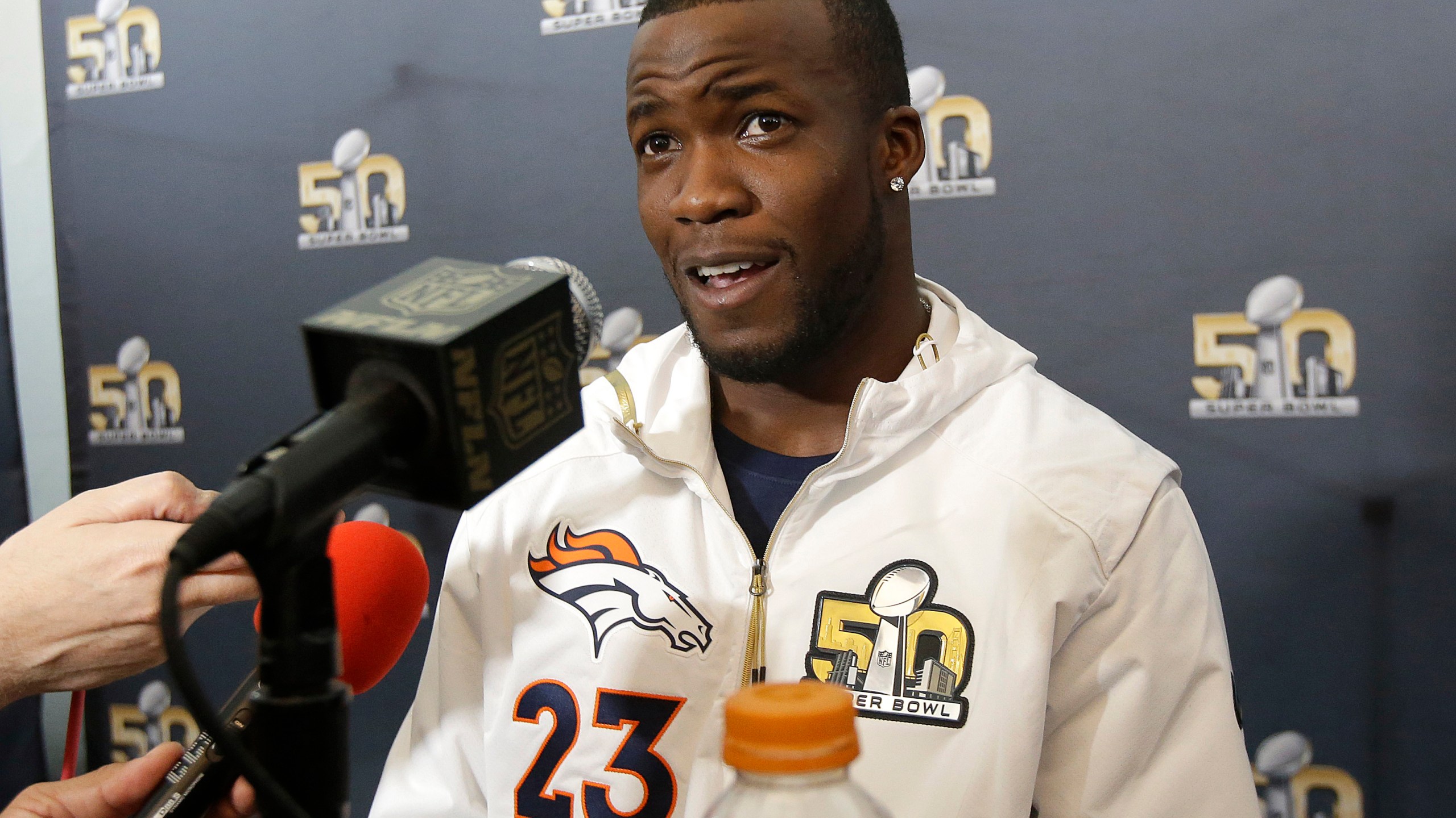 Denver Broncos running back Ronnie Hillman speaks to reporters in Santa Clara, Calif.,