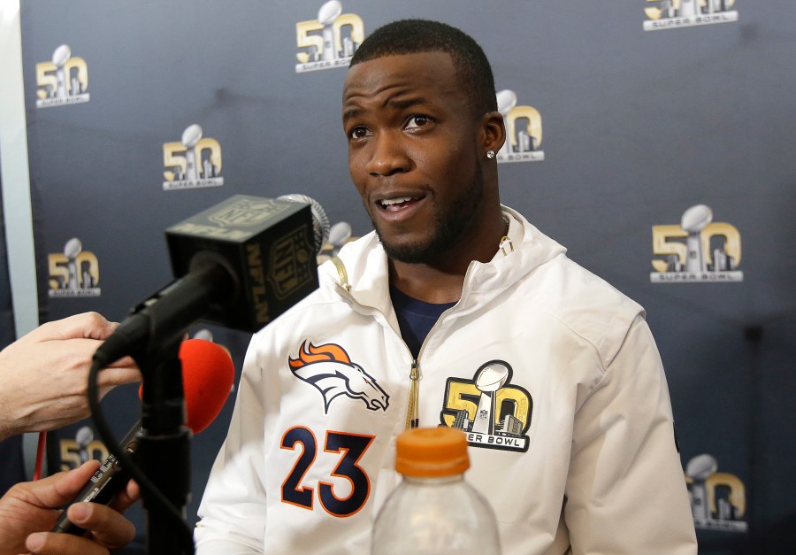 Denver Broncos running back Ronnie Hillman speaks to reporters in Santa Clara, Calif.,