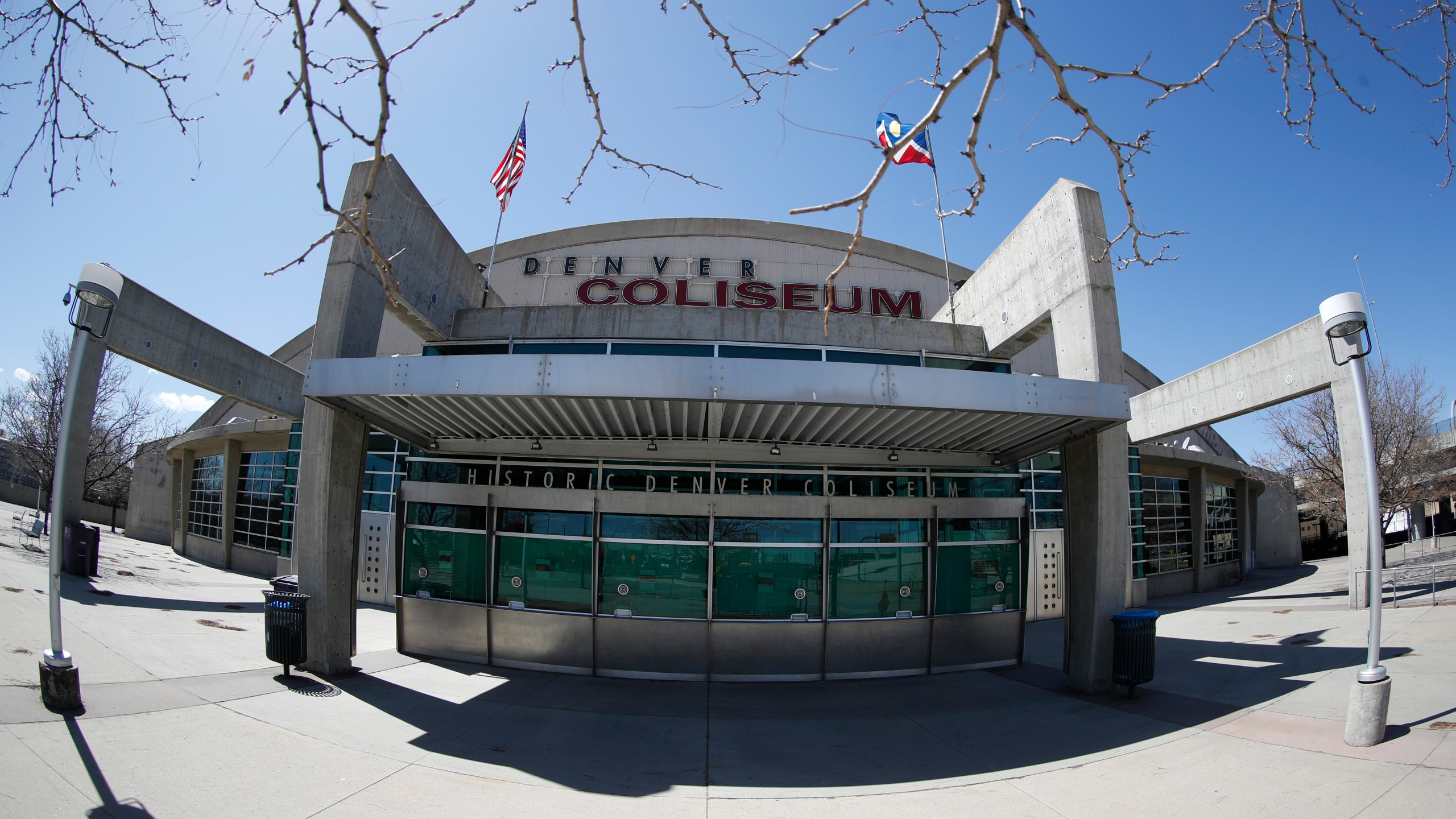 The front doors of the Denver Coliseum as viewed through a fisheye lens