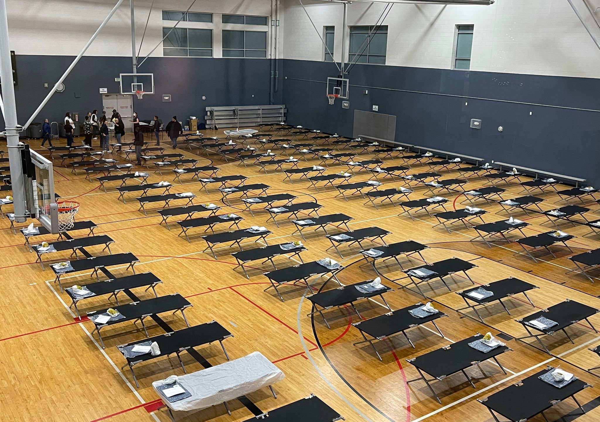 Rows of dozens of cots line an indoor gymnasium