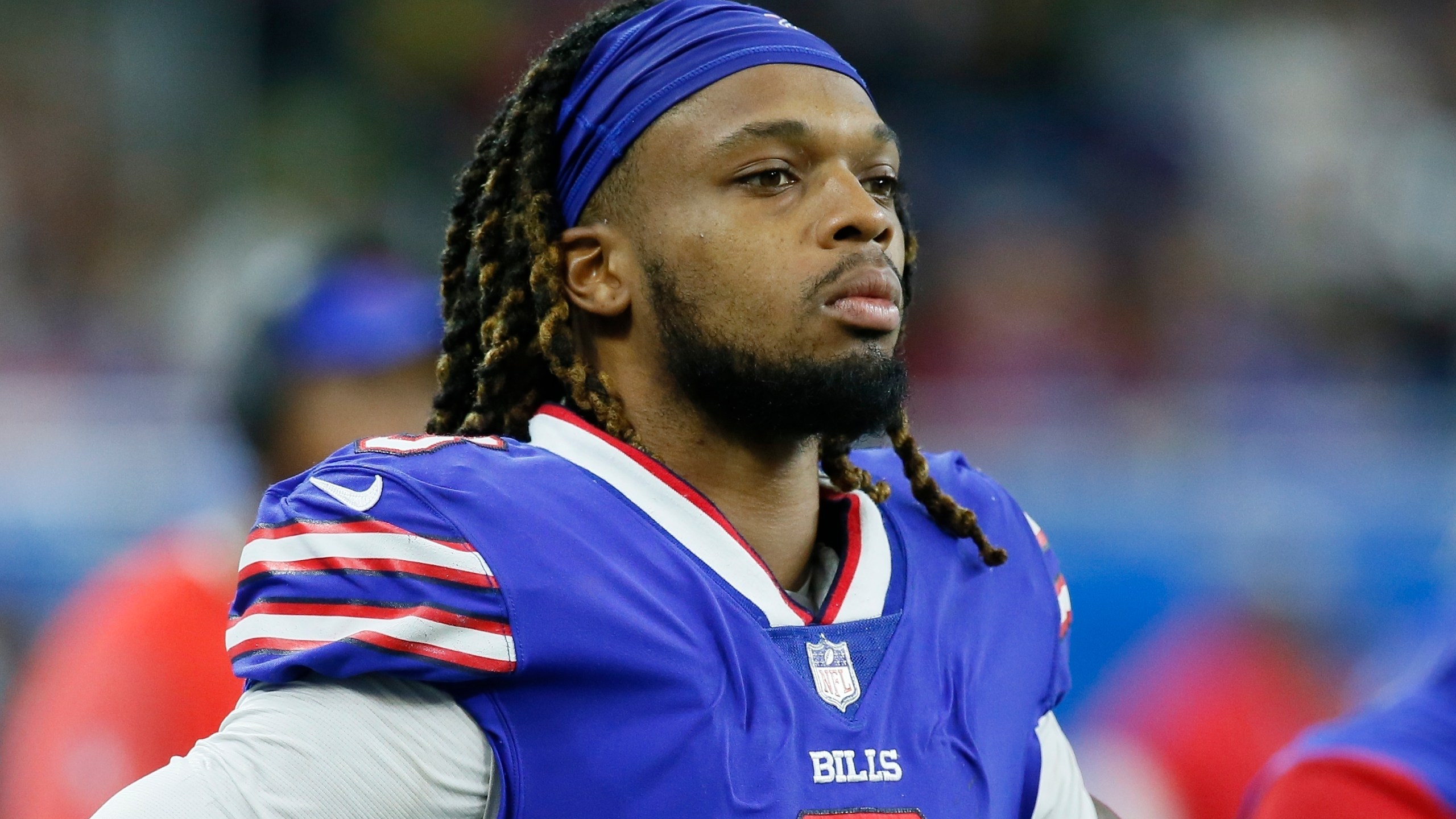 Buffalo Bills safety Damar Hamlin looks on during the second half of an NFL football game