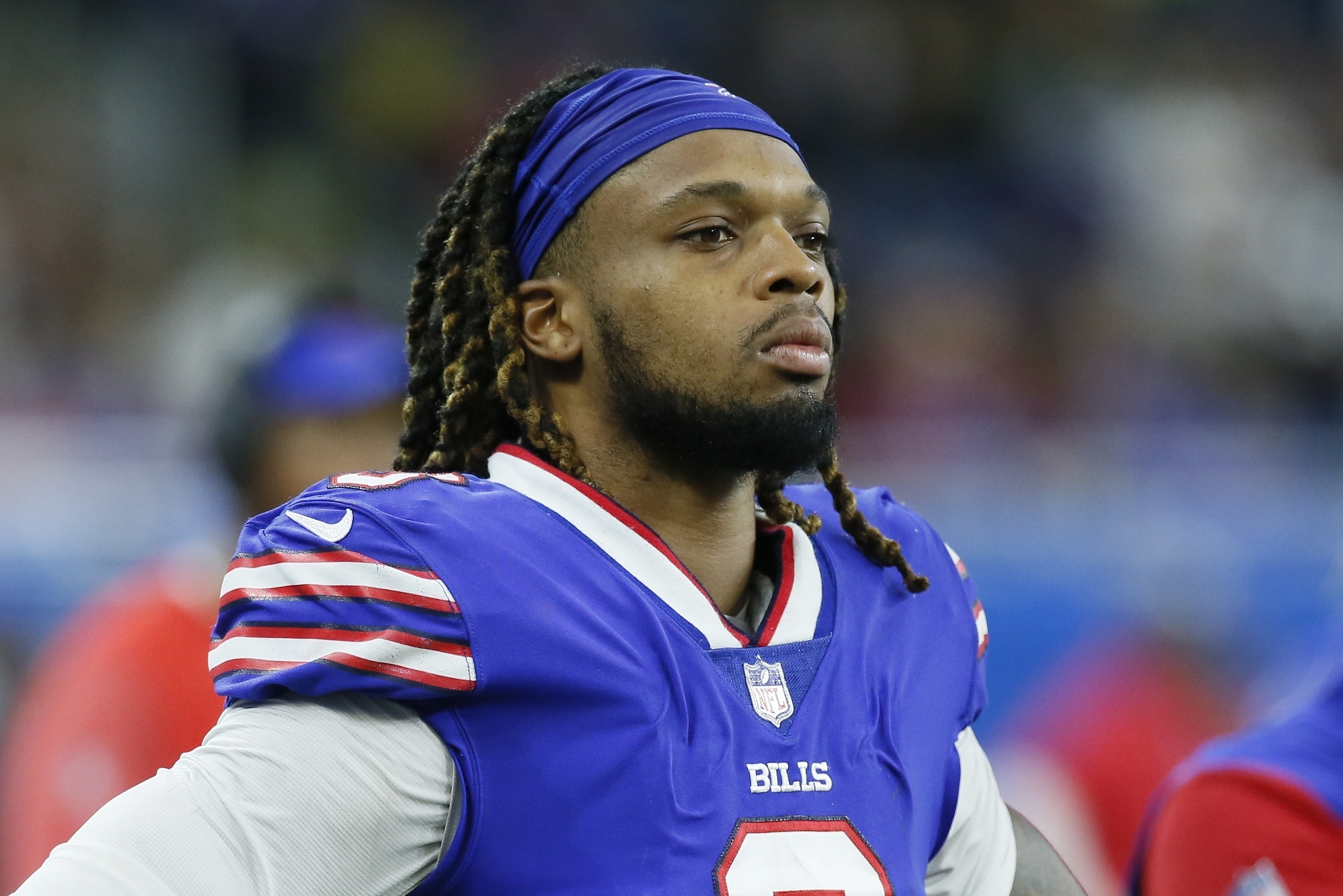 Buffalo Bills safety Damar Hamlin looks on during the second half of an NFL football game