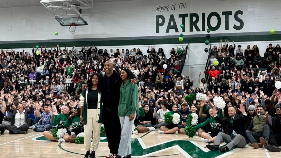 Chauncey Billups honored in DPS high school gym dedication. Full school photo.