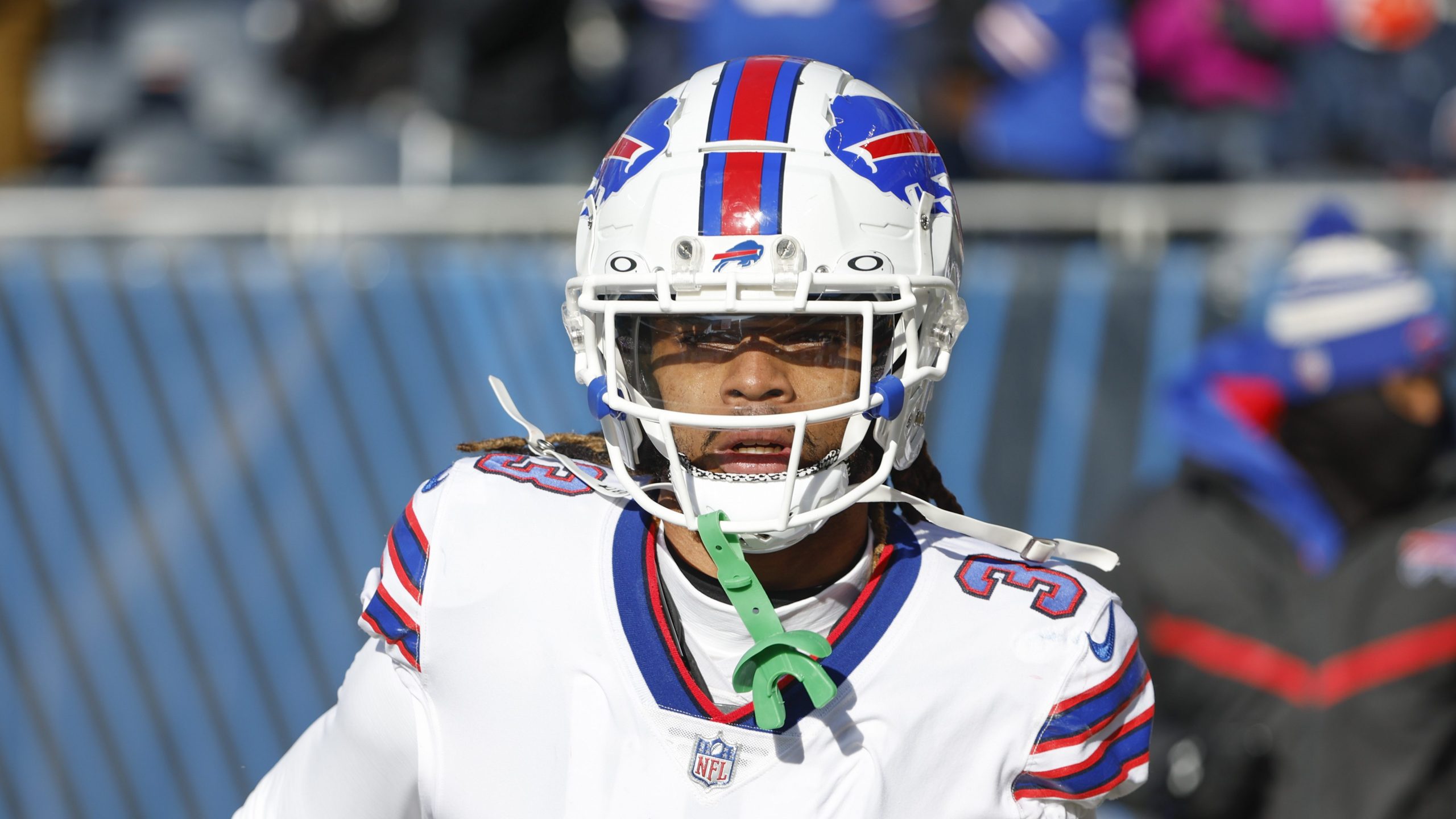 Buffalo Bills safety Damar Hamlin arrives on the field before an NFL football game