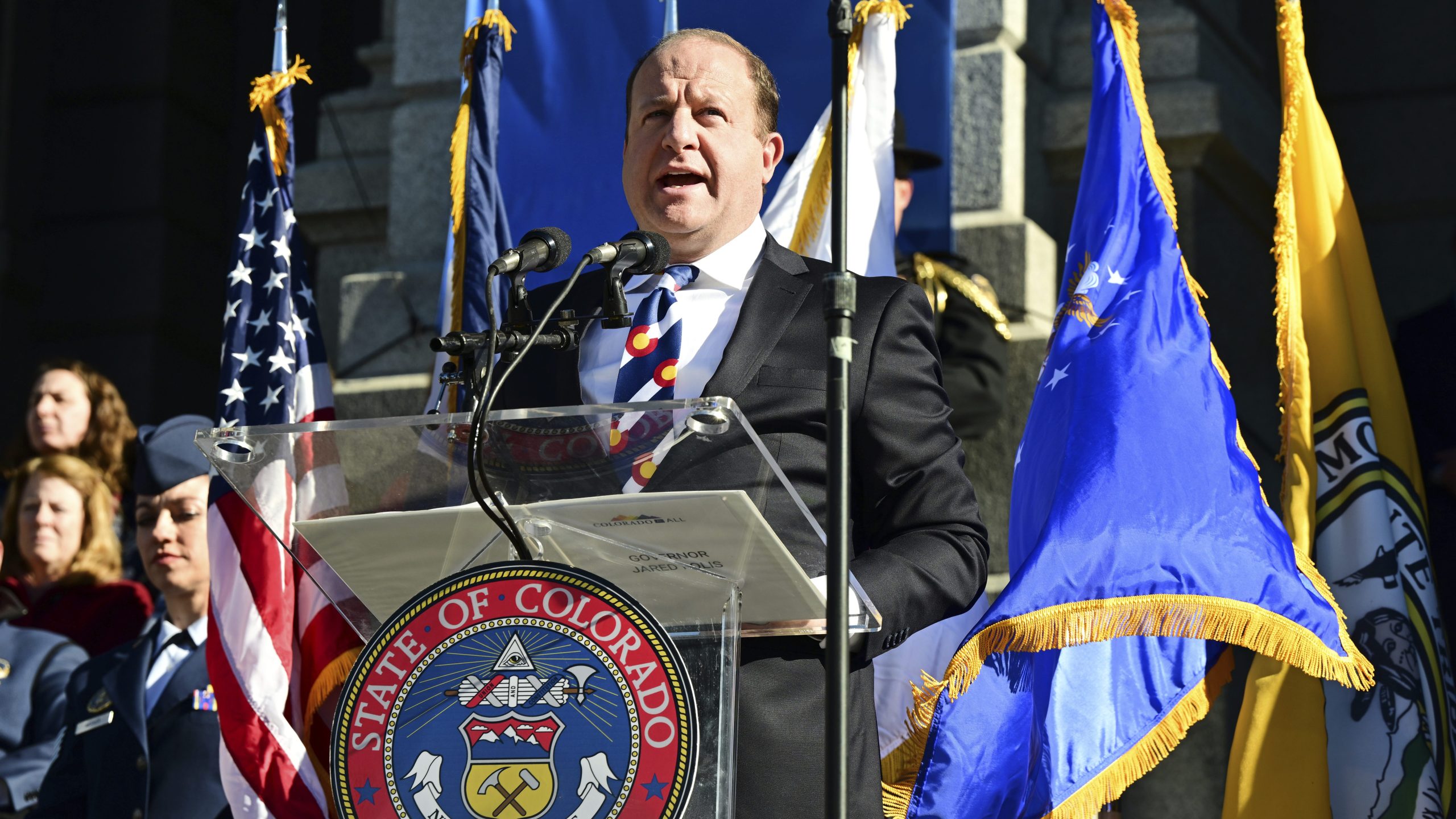 Colorado Gov. Jared Polis gives a speech during inauguration day