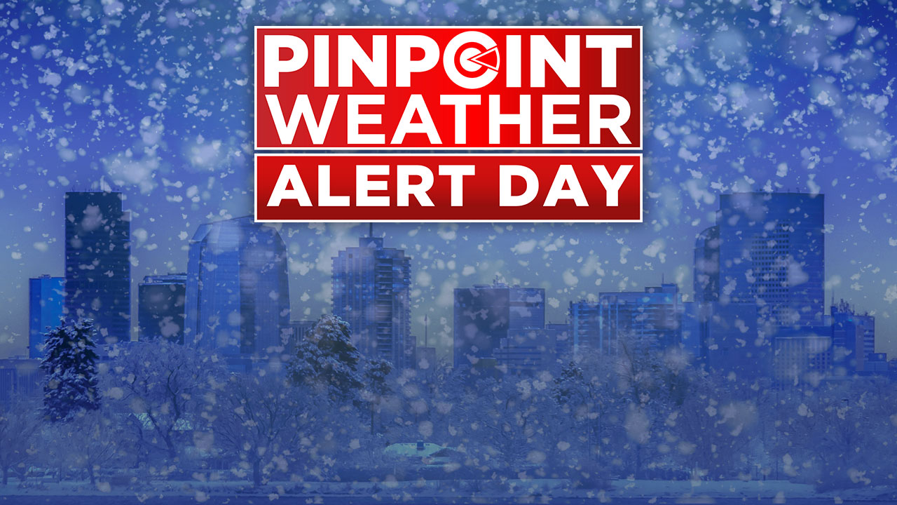 Pinpoint Weather Alert Day logo over image of snowy Denver skyline.