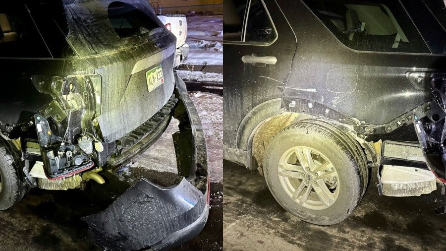 A compilation of two photos showing crash damage to an SUV