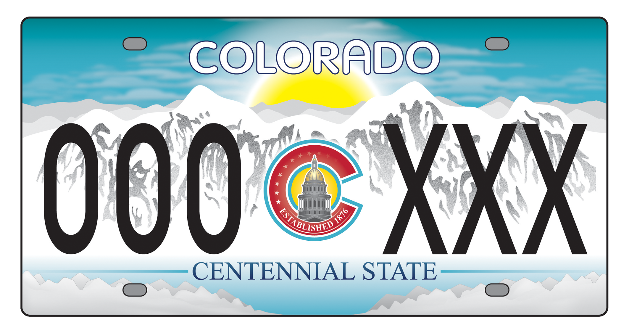 License plate design. Mountains in the background with "Centennial state" printed on the bottom