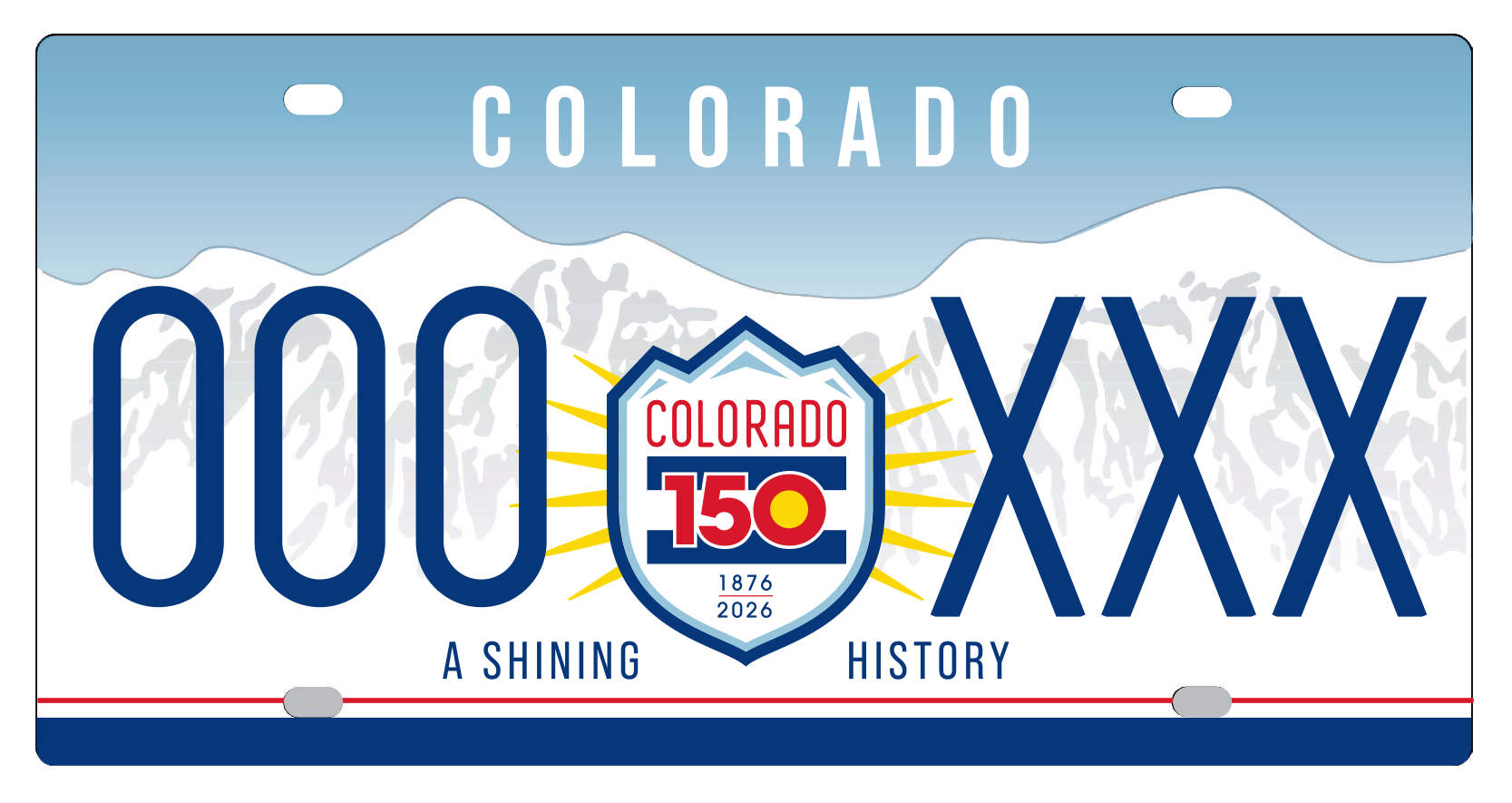 License plate design. Mountains in the background with "A shining history" printed on the bottom