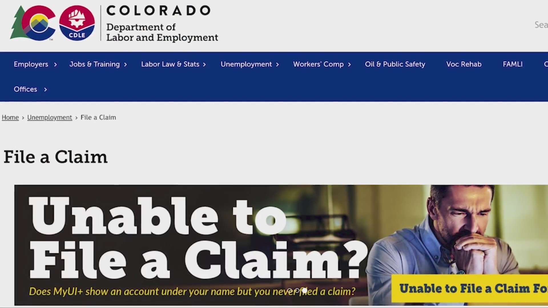 A screen shot of the Colorado Department of Labor and Employment website for unemployment claims