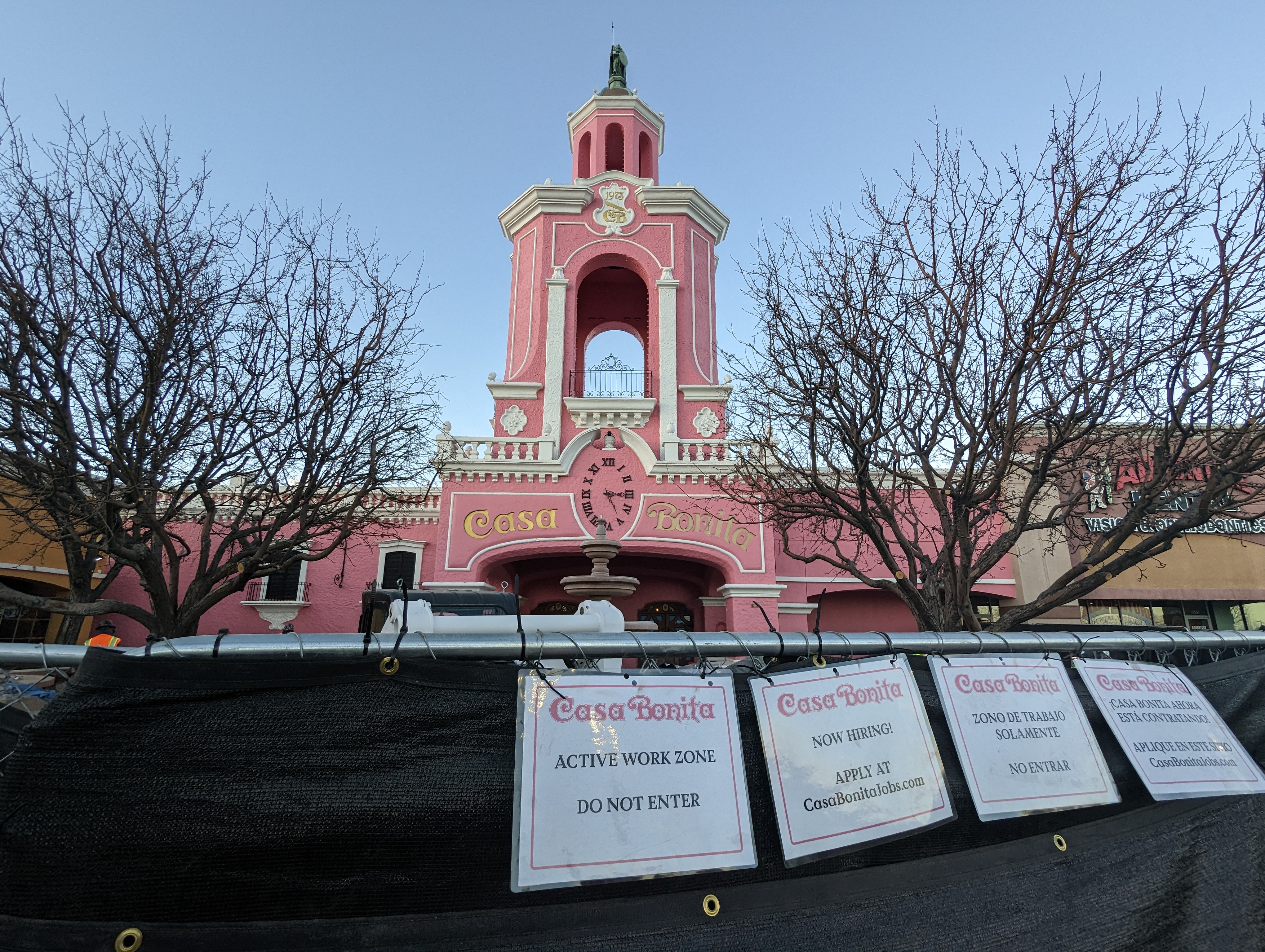 Construction fence and sign outside the Casa Bonita building