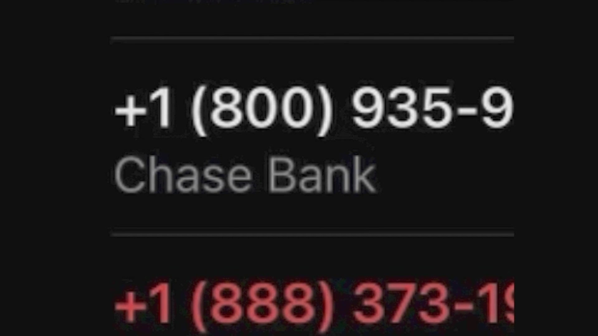 A phone call log that shows a 1-800 number with Chase Bank as the ID