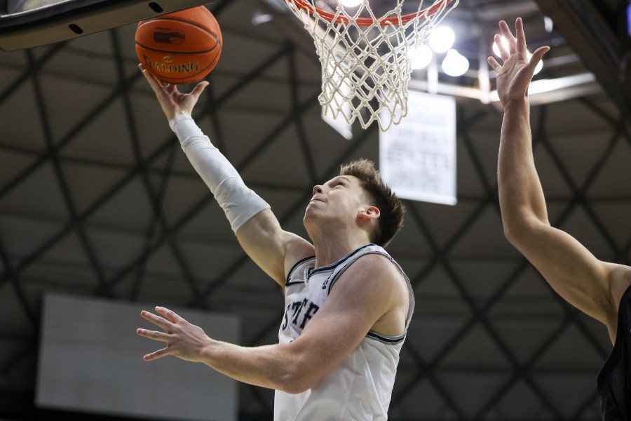 HONOLULU, HI - DECEMBER 22: Max Shulga #11 of the Utah State Aggies throws in a reverse layup.