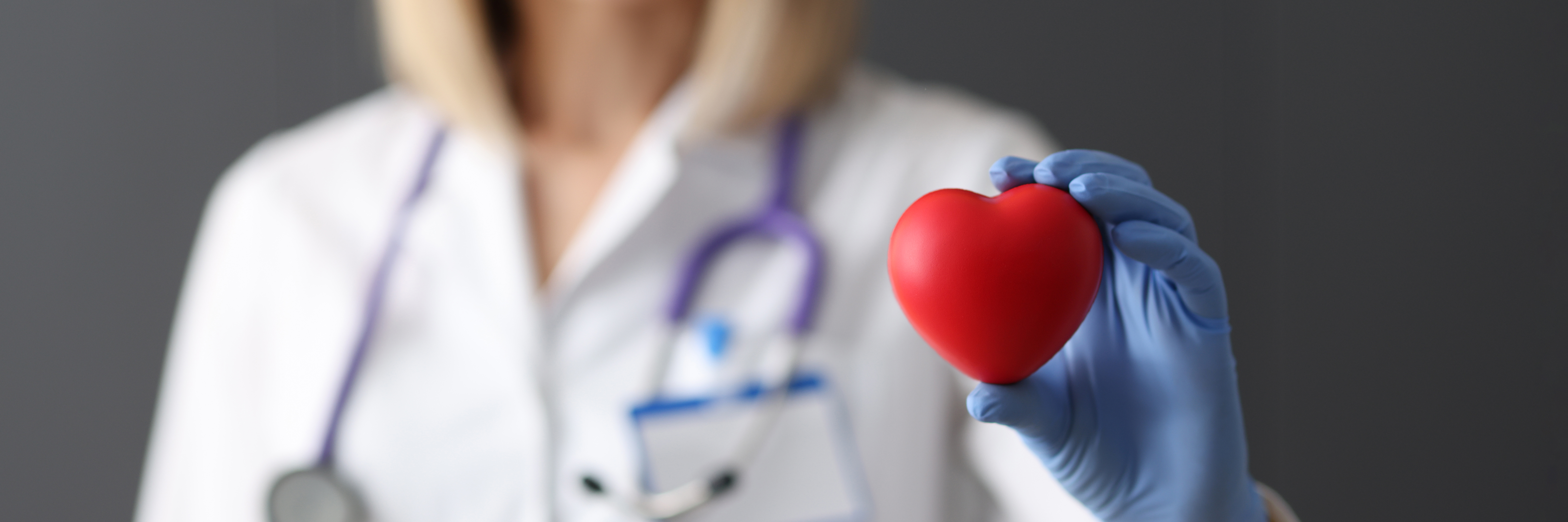 Doctor in rubber gloves holding red toy heart in his hands closeup