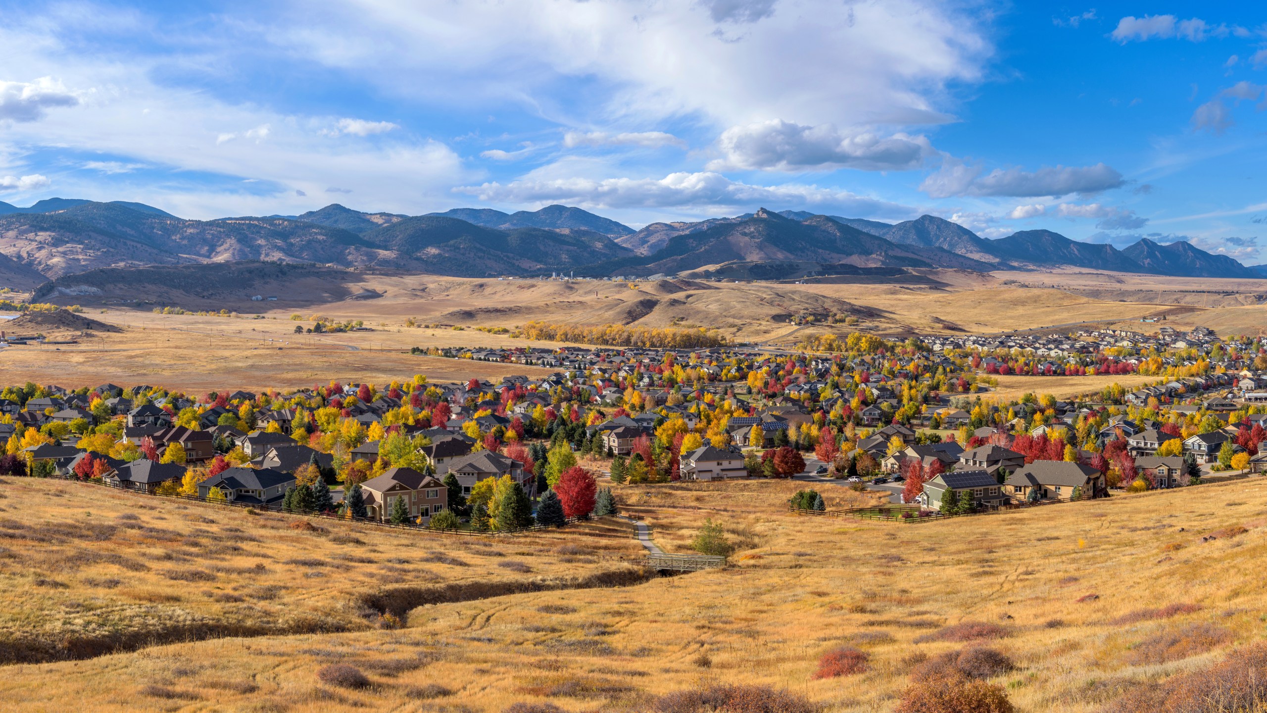 A colorful panoramic Autumn day view of a small foothill neighborhood, as seen from North Table Loop Trail. Denver-Golden-Arvada, Colorado, USA.