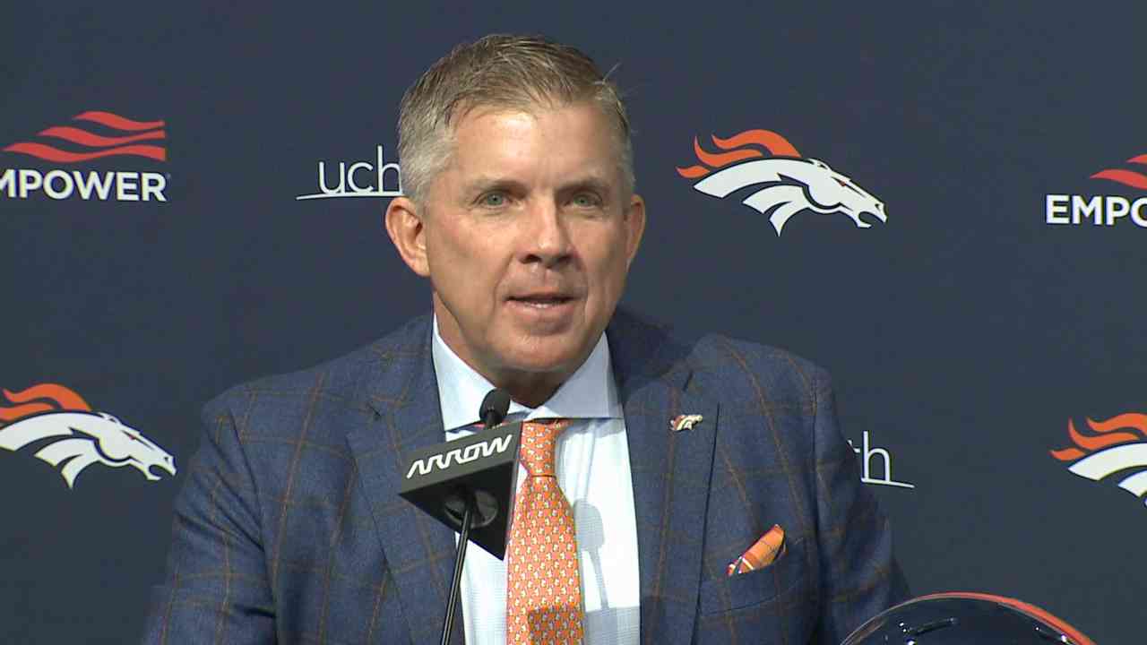 Broncos head coach Sean Payton during an introductory press conference on Feb. 6, 2023.