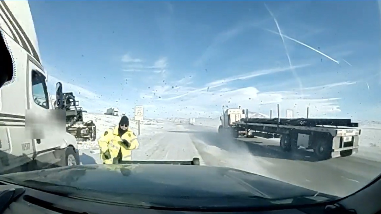 Semi almost hits trooper