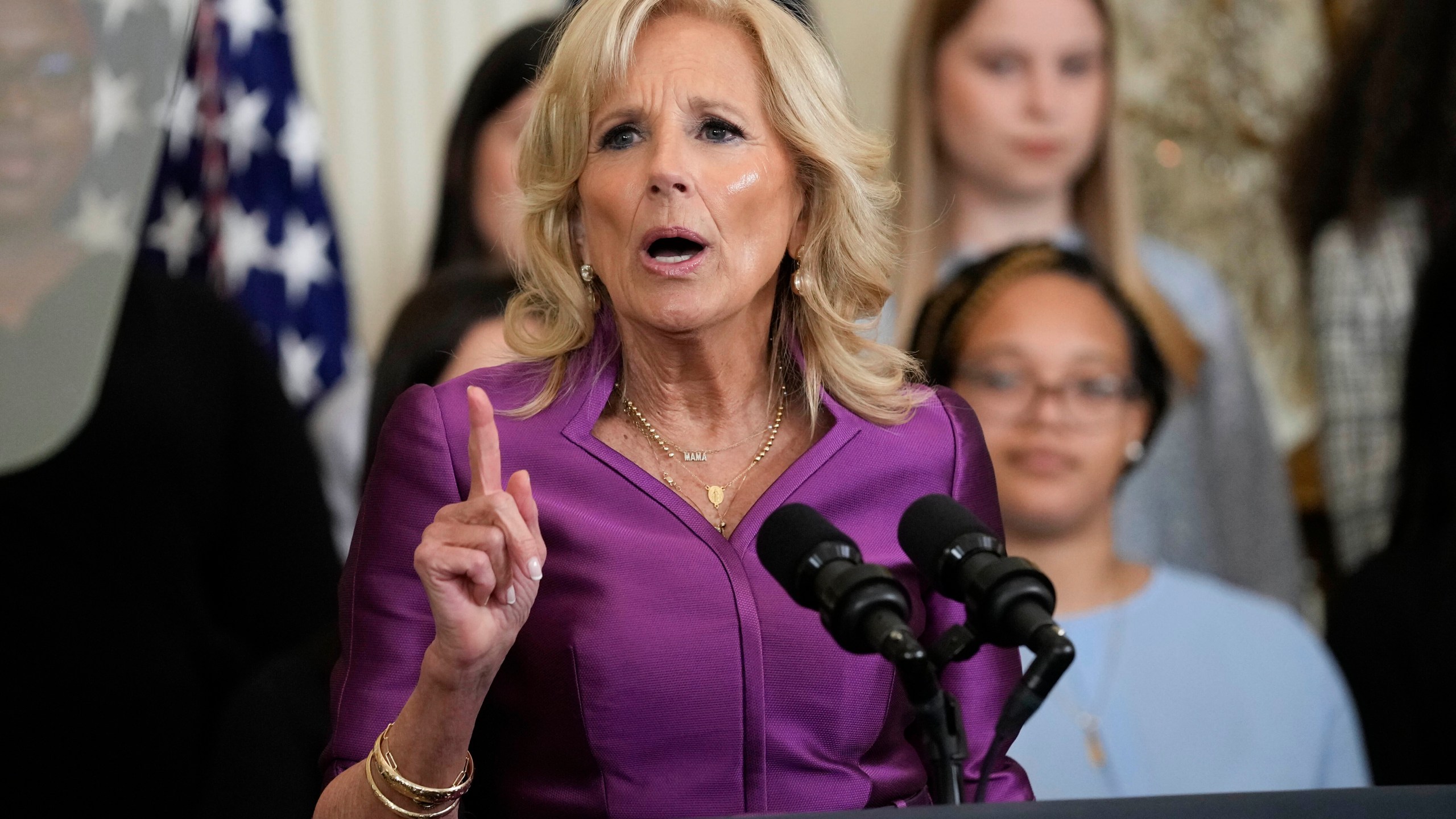 First lady Jill Biden speaks during an event in the East Room of the White House