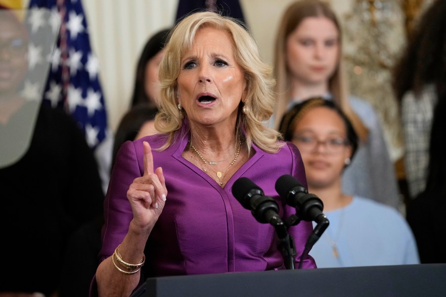 First lady Jill Biden speaks during an event in the East Room of the White House