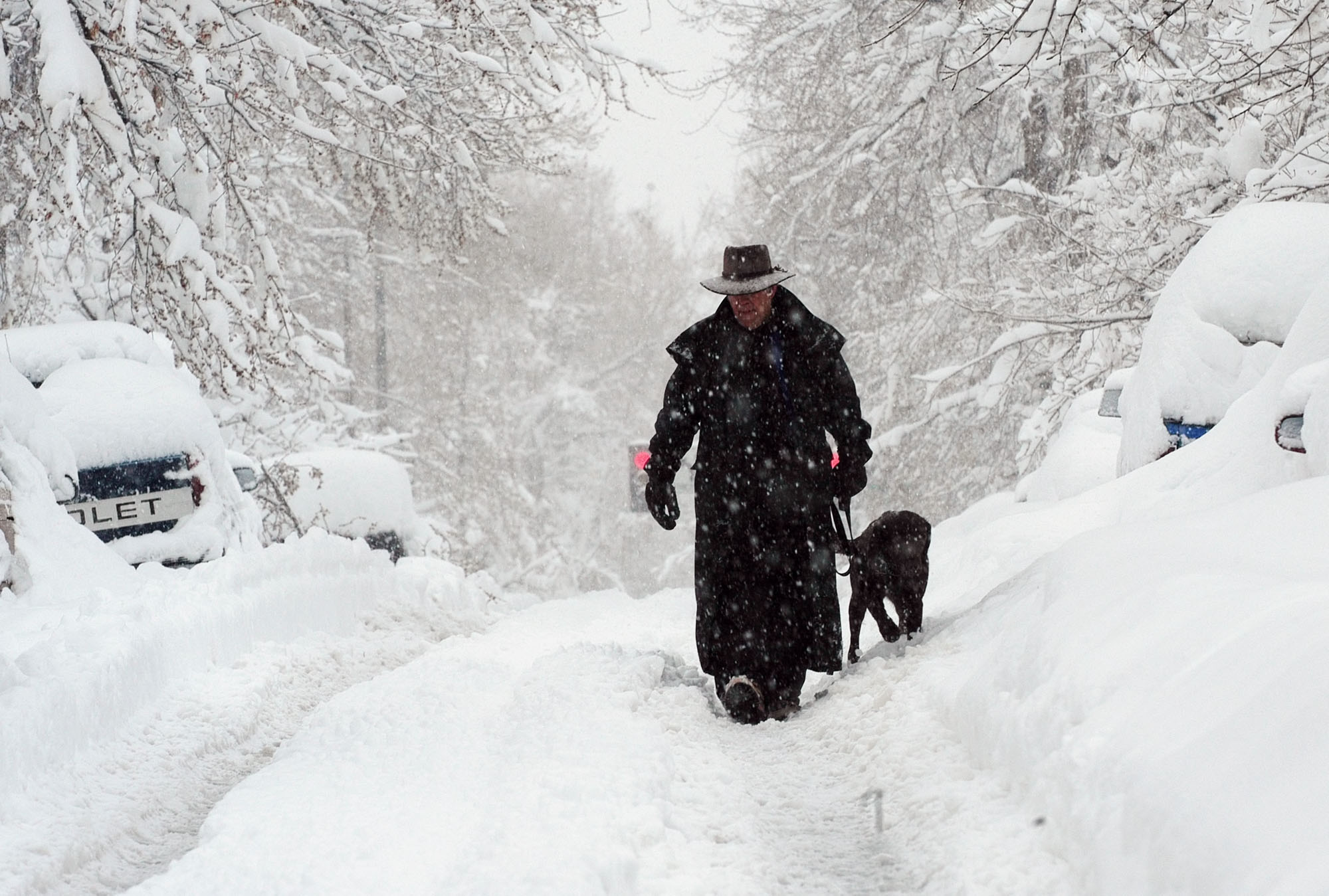 Dressed in a duster and hat, Basil Katsaros leads his year-old chocolate labrador Cocoa down the center of Emerson Street