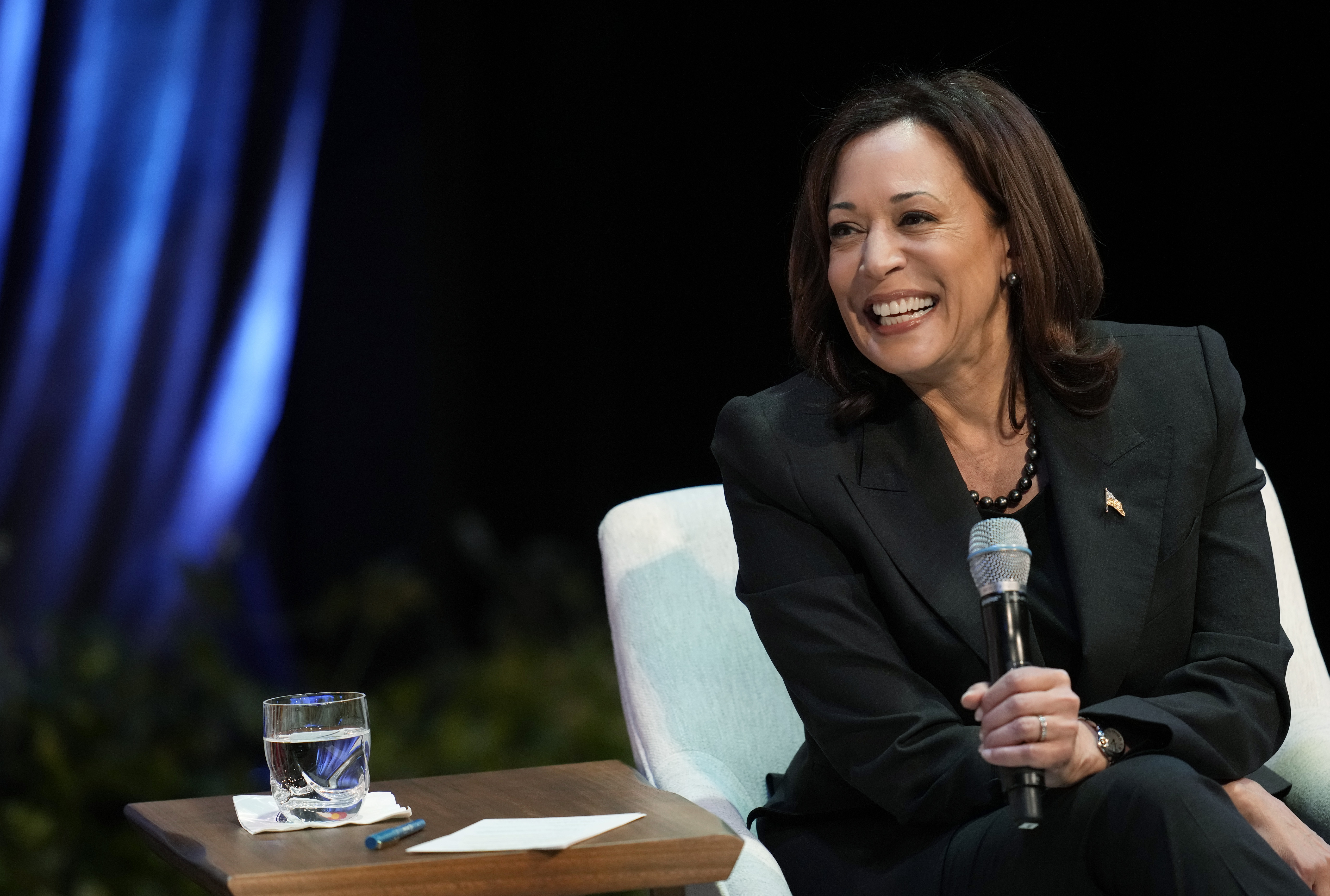 Vice President Kamala Harris smiles while seated and holding a microphone