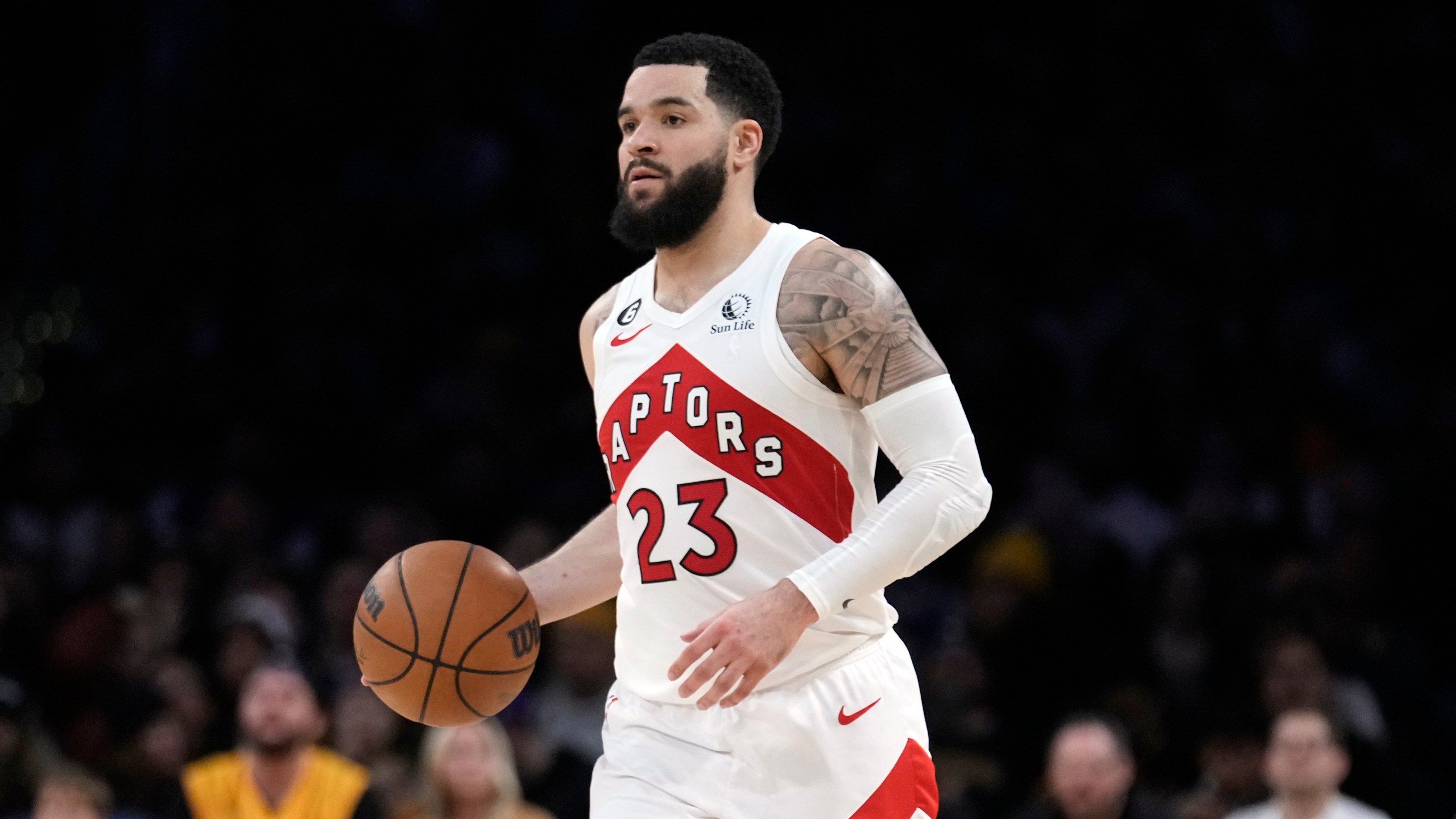 Toronto Raptors guard Fred VanVleet (23) dribbles during an NBA basketball game against the Los Angeles Lakers