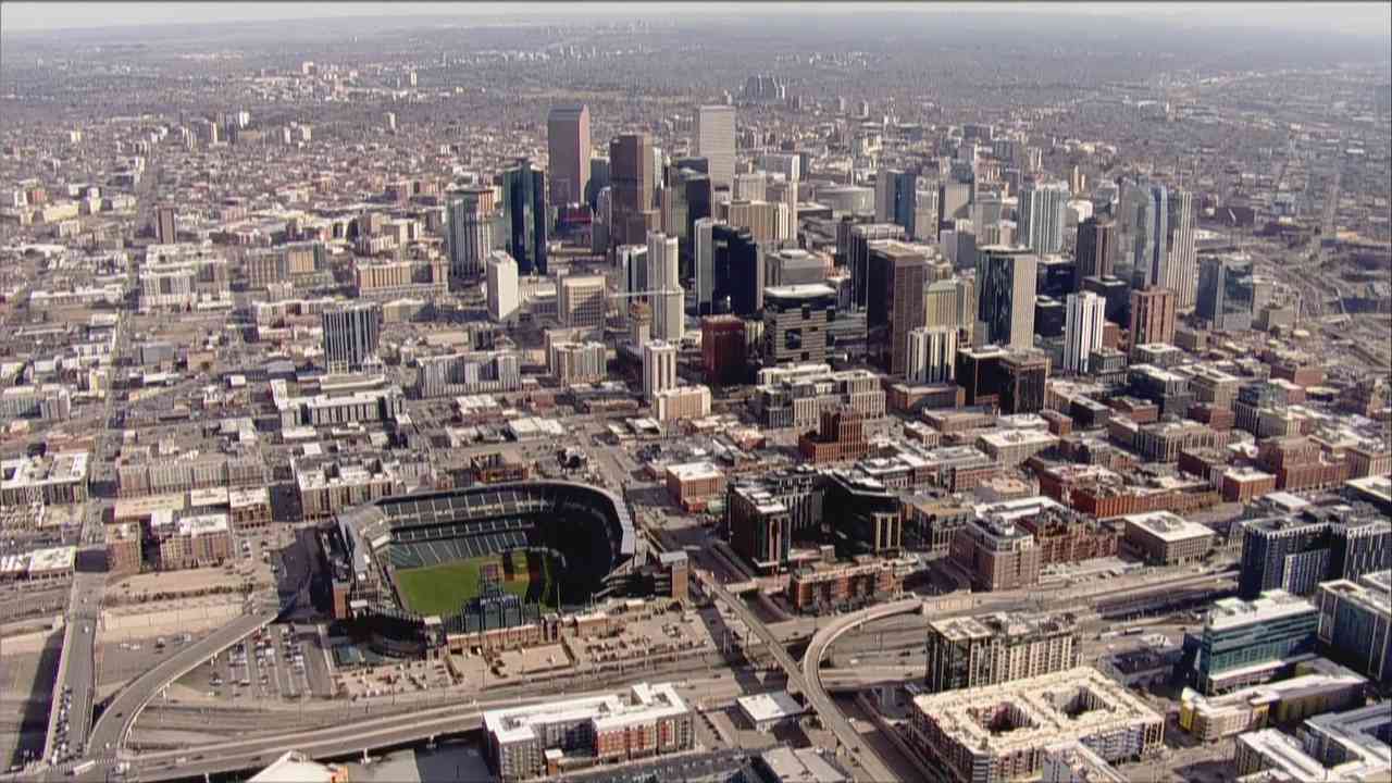 Denver's skyline with Coors Field as seen from SkyFOX on March 28, 2023.