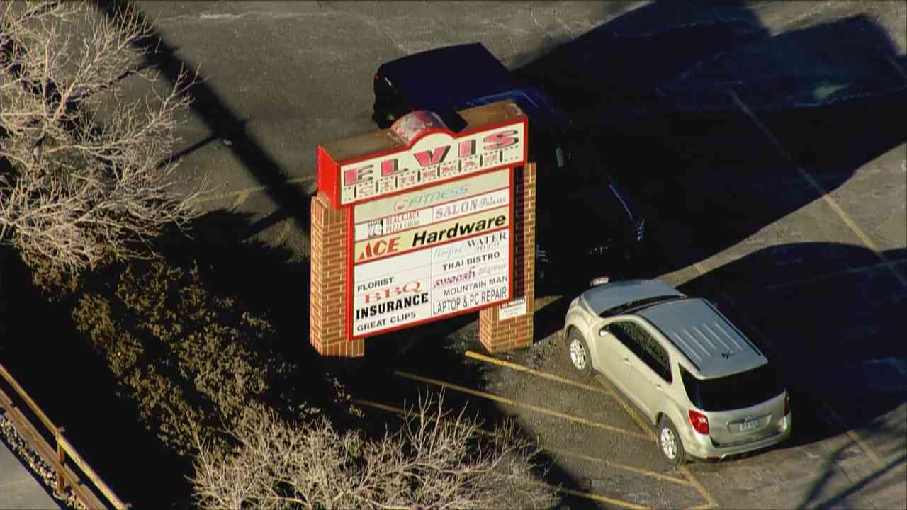 Aerial view of a strip mall sign in a parking lot with "Elvis Cinema" on top and other businesses below, like a salon, ACE Hardware and BBQ, among others