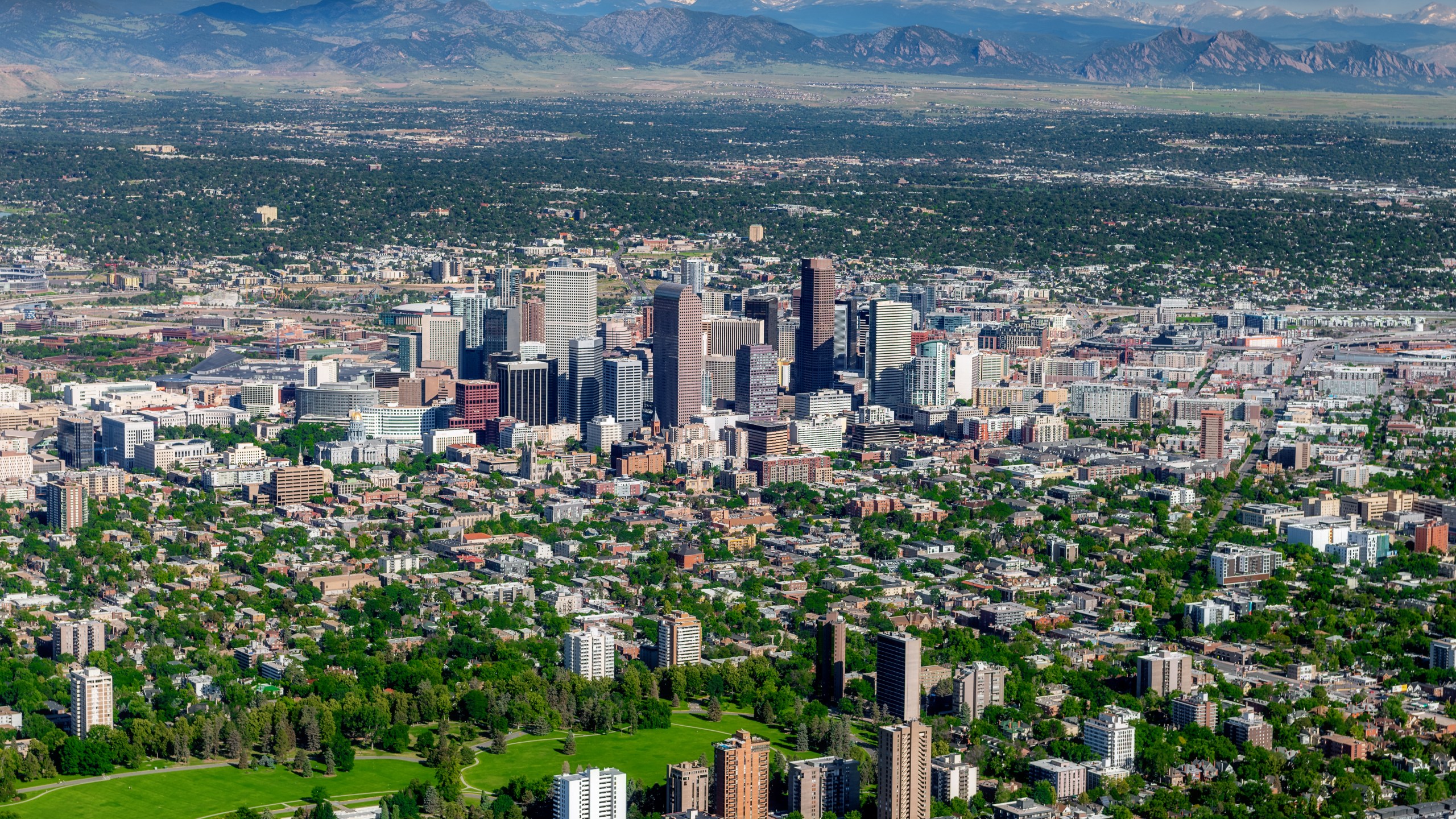 Aerial view of the Colorado Rockies and city of Denver